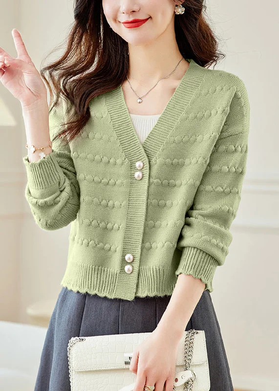 French Retro Vogue Green V Neck Button Knit Coat Fall