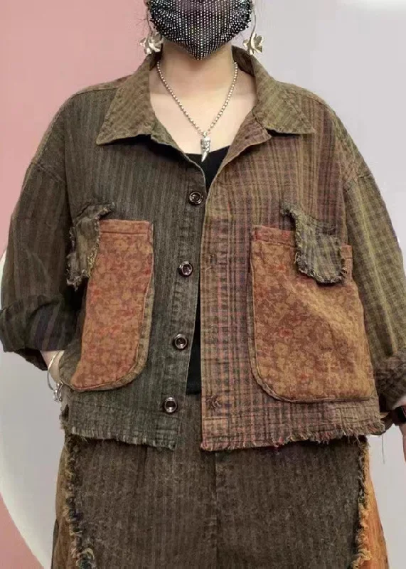 Celebrity Style Retro Plaid Peter Pan Collar Button Pockets Cotton Coats Fall