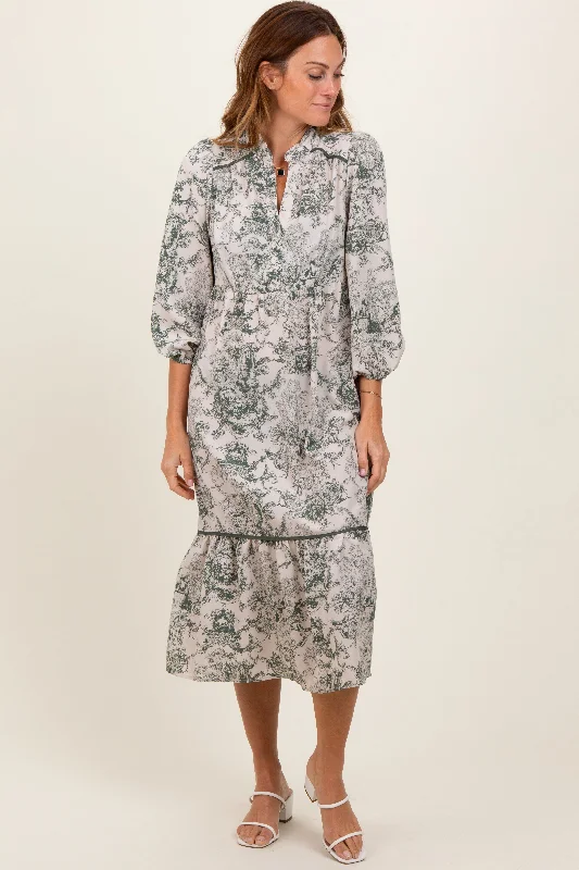 Street Charm Forest Green Printed Split Ruffle Collar Midi Dress