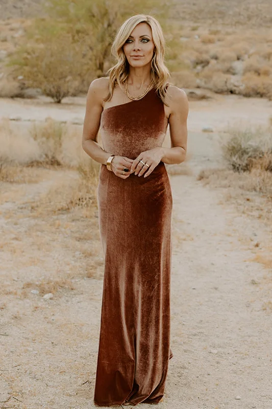 Youthful Tatiana Velvet One Shoulder Maxi Dress | Bronze