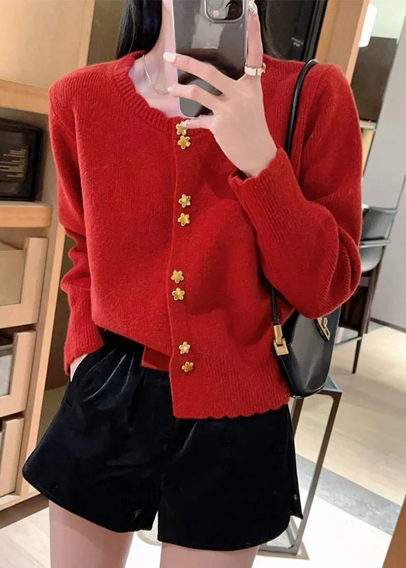 Elegant Style Chic Red O Neck Button Knit Cardigan Coat Fall