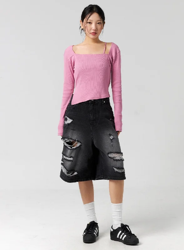 Single-shoulder Neck Design Ripped Bermuda Pants Unisex CG303