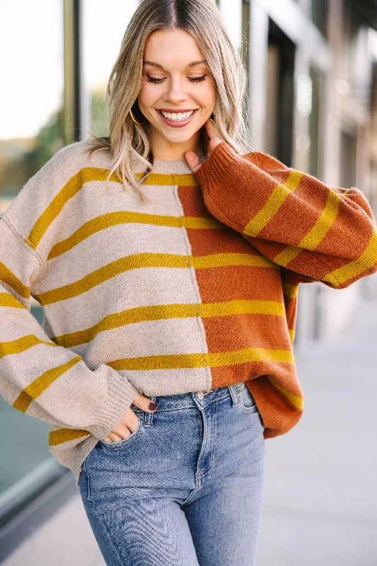 Single-shoulder Neck Design Back And Forth Rust Orange Striped Sweater