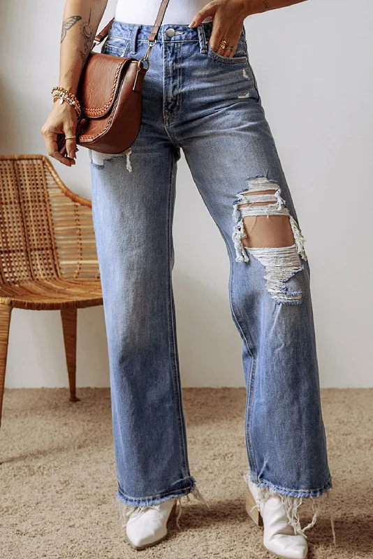 Eye-catching Personality Distressed Straight Leg Jeans with Pockets