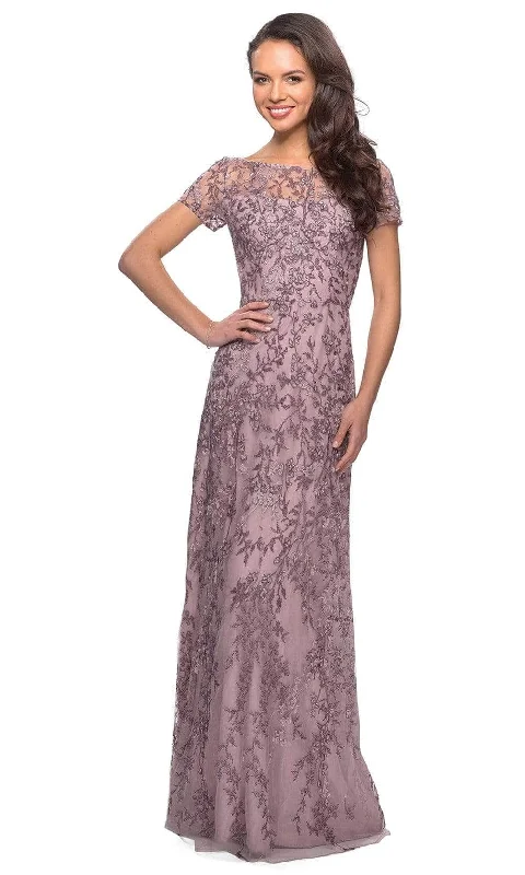 Embroidered Letters La Femme - Short Sleeve Embellished Bateau Sheath Dress 27956SC