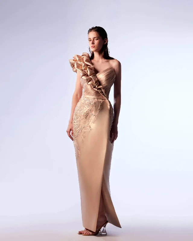 Single-shoulder Neck Design MNM Couture G1733 - Ruffled One Shoulder Evening Gown