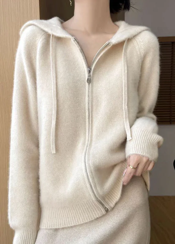 College Style Elegant Beige Hooded Zippered Solid Cotton Knit Coat Fall