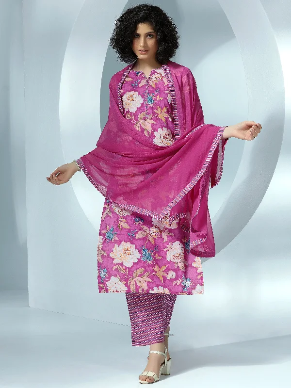 European And American Style Pink Printed Cotton Straight Suit With Dupatta
