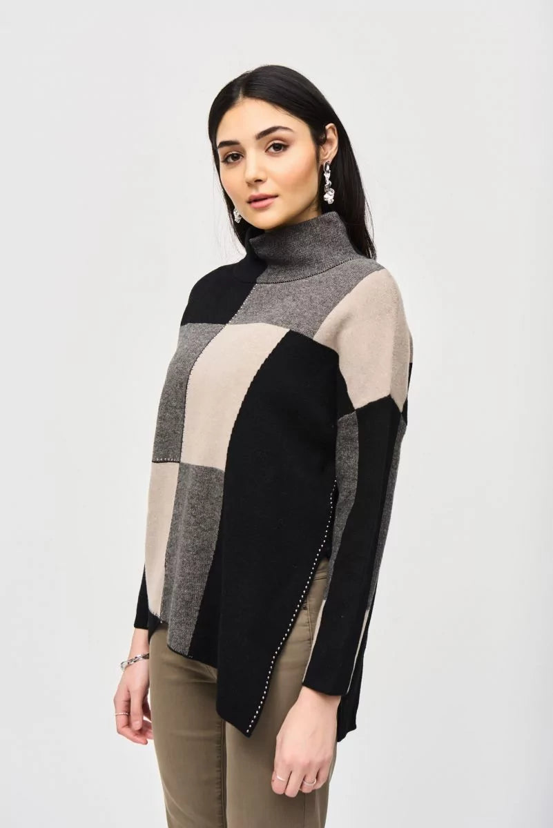 Cool Summer Joseph Ribkoff Taupe Mélange/Black Color-Block Jacquard Knit Pullover Style 243944