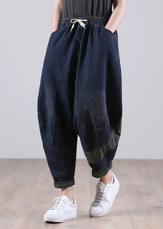 Versatile Items Chic Blue Casual Elastic Waist Pockets Harem Denim Fall Patchwork Pants