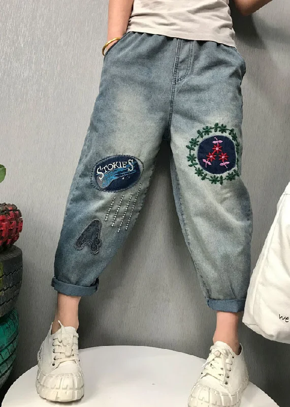 Stunning Fashion Bohemian Blue Embroideried denim Pants Spring
