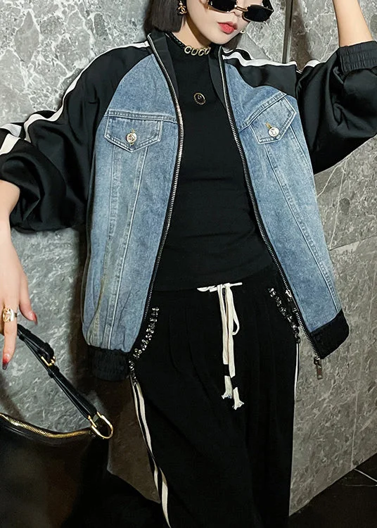Luxury Temperament New Blue Zip Up Denim Patchwork Coats Long Sleeve