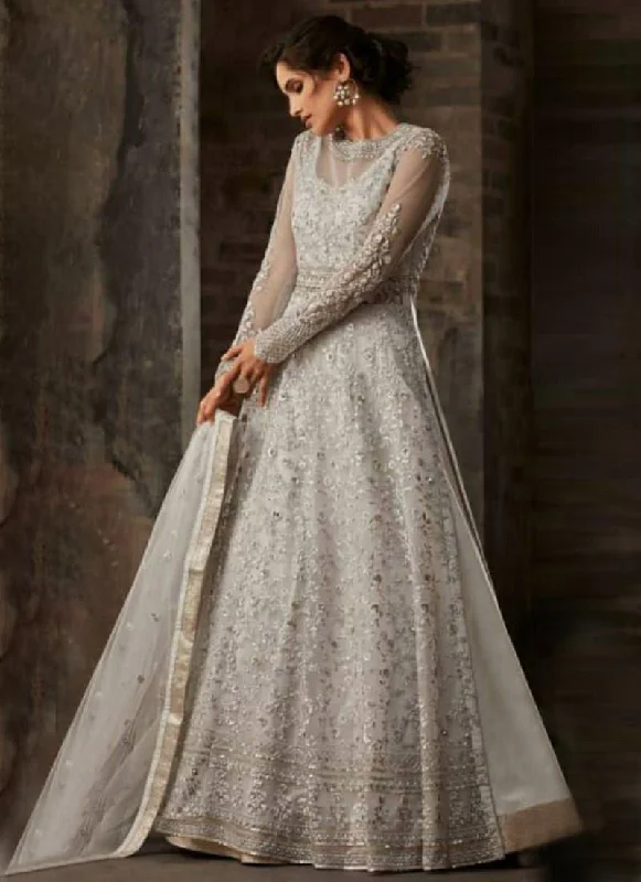 High-quality Fabrics Grey Satin Resham Pakistani Lehenga Suit for ceremonies
