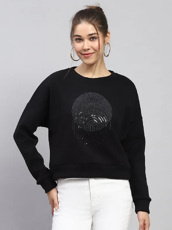 College Style Women Black Embroidered Round Neck Full Sleeve Sweatshirt