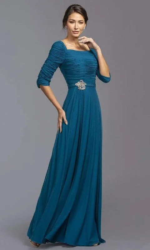 Classic Series Aspeed Design - M2195 Shirred Brooch Accented Chiffon Dress