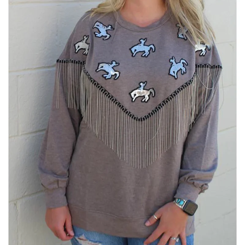 Classic Series Rowdy Crowd Women's Grey with Sequins Bronc Fringe Sweater