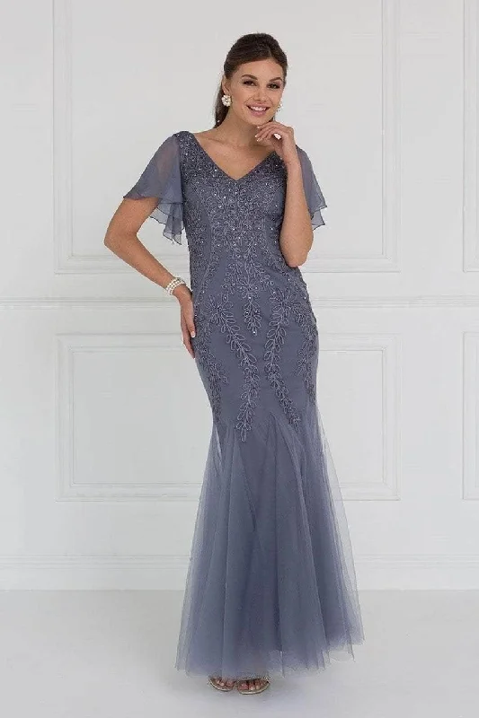 Trendy Traveler Elizabeth K GL1576 - Foliage Appliqued Sheer Sleeve Formal Gown