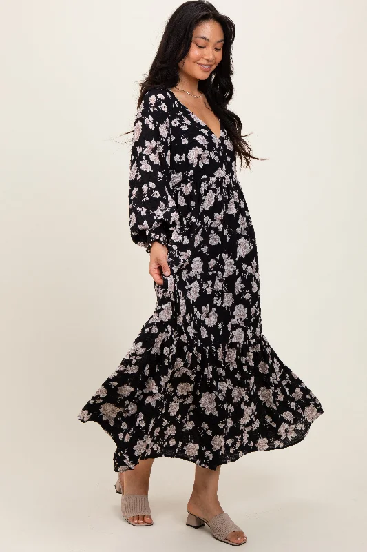 Hooded design Black Floral Textured Bubble Sleeve Maxi Dress
