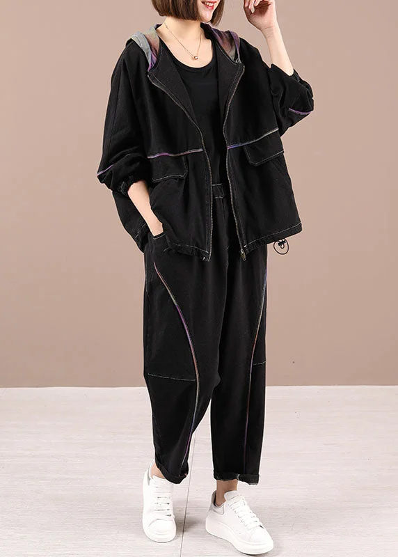 Stunning Fashion Beautiful Black Loose Casual Hooded Zippered Fall Two Pieces Set Long Sleeve Stunning Fashion Beautiful Black Loose Casual Hooded Zippered Fall Two Pieces Set Long Sleeve