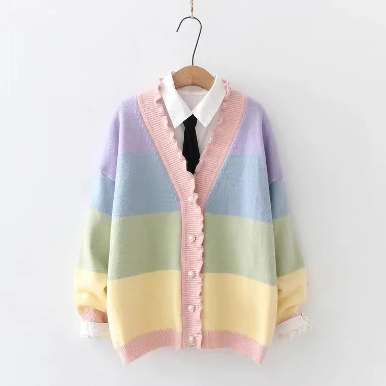 End Of The Year Rainbow, Stripe, Wavy Agaric Lace V-neck Sweater, Blazer Cardigan S4364 End Of The Year Rainbow, Stripe, Wavy Agaric Lace V-neck Sweater, Blazer Cardigan S4364