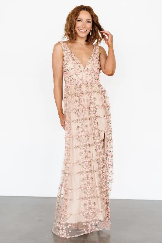 Designer Style Kassia Applique Maxi Dress | Nude + Pink