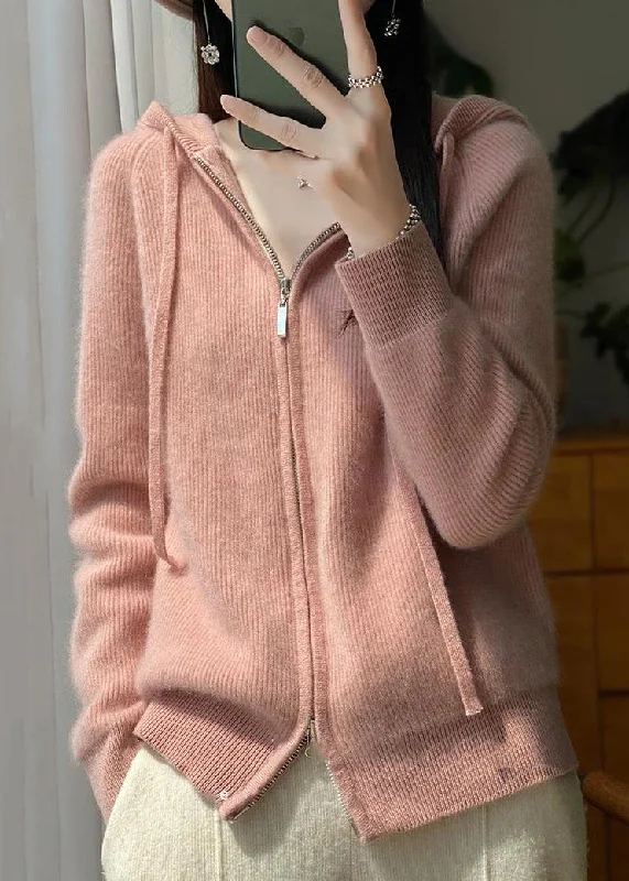 Classic Elegant Pink Hooded Zip Up Wool Knit Coat Fall