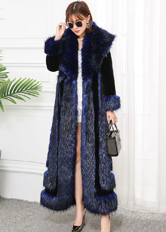 Classic Series Style Navy Faux Fox Collar Patchwork Silm Fit Faux Fur Coats Winter