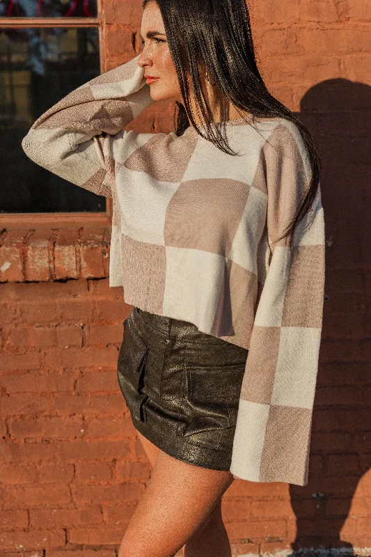 Elegant And Elegant Brentwood Checkered Cropped Sweater- Taupe
