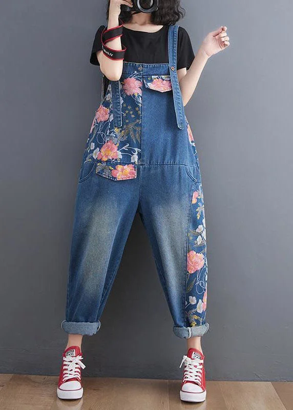 College Style Modern Blue Print Patchwork Denim Straight Overalls Jumpsuit Spring