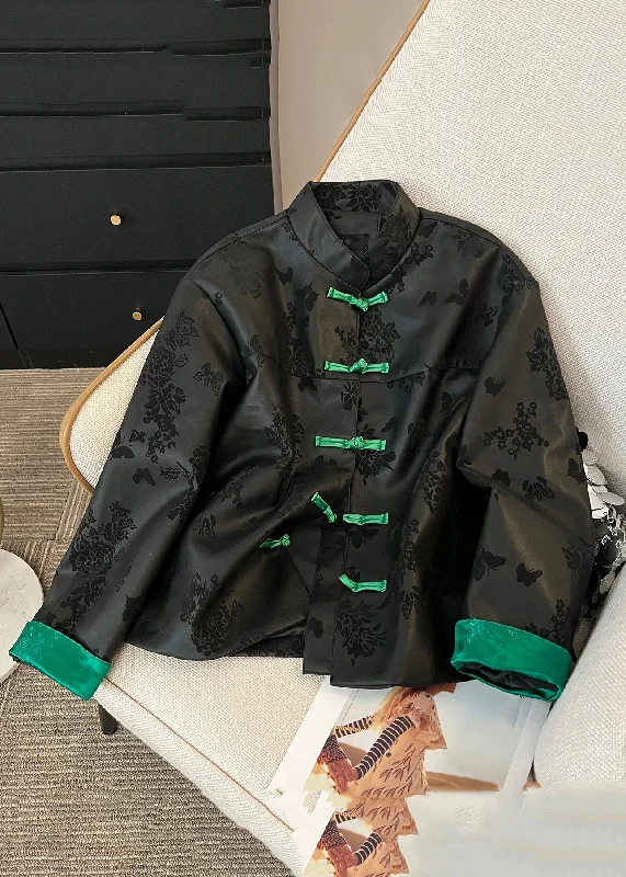 Cool Breeze At Night French Black Stand Collar Button Silk Coats Fall