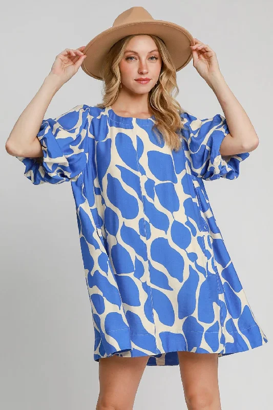 Elegant And Noble Umgee Two Tone Abstract Print Puff Sleeve Dress