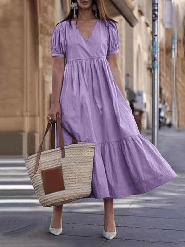 Loose Fit Women Cotton V-Neck Puff Sleeve Holiday Pleated Stitching Maxi Dress