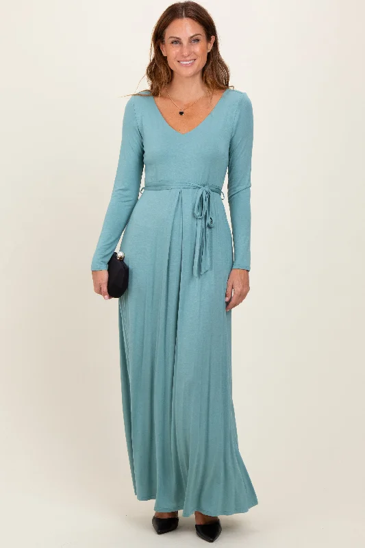 Celebrity Style Light Olive V-Neck Long Sleeve Sash Tie Maxi Dress