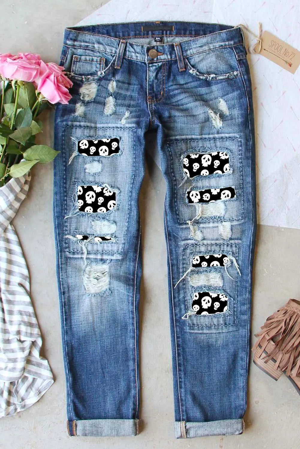 Wearable At Home Or Out Distressed Skeleton Pattern Jeans with Pockets