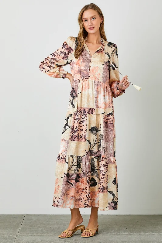 Romantic And Fresh Beige Patchwork Satin Tiered Button Front Midi Dress
