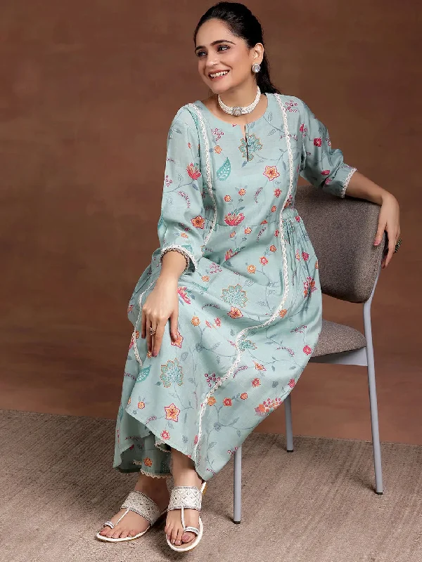 Casual And Casual Blue Printed Silk Blend A-Line Kurta With Trousers