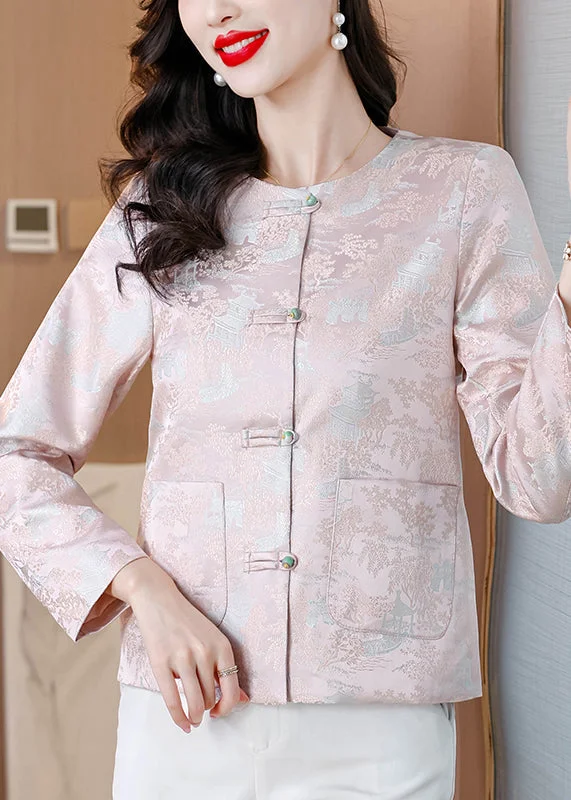Sweet Girl Elegant Pink O Neck Button Pockets Silk Coat Fall