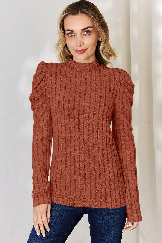 Noble And Elegant Basic Bae Ribbed Mock Neck Puff Sleeve T-Shirt