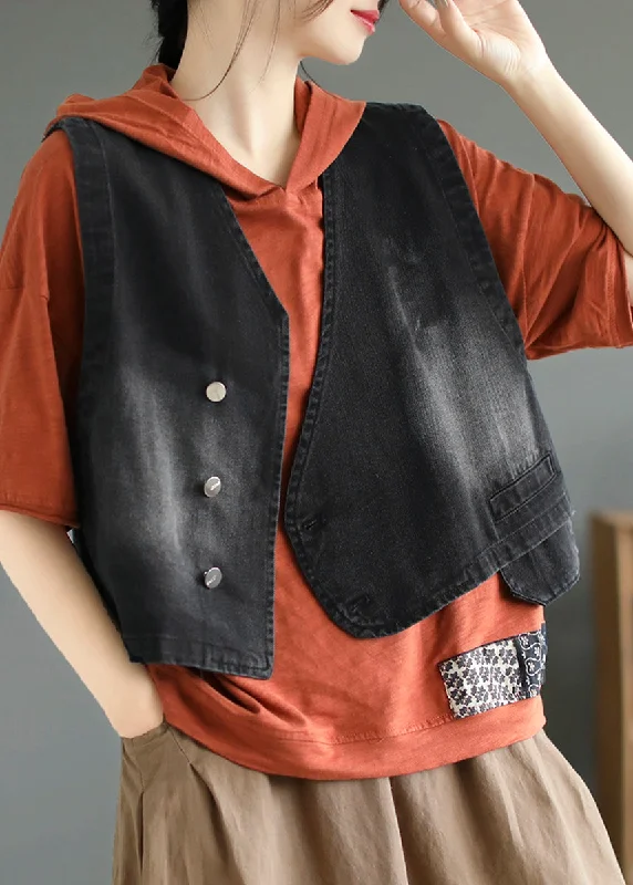 Ethnic Style Black Patchwork Button Denim Coat Fall
