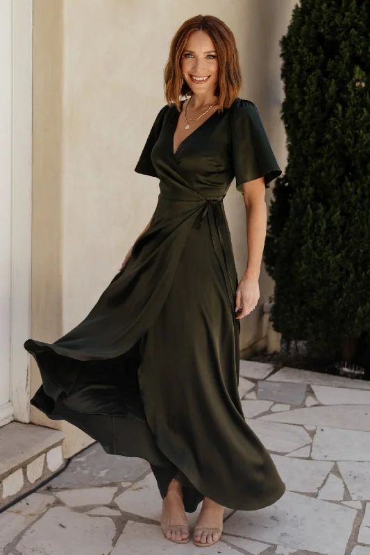 Unique Design Vara Satin Maxi Wrap Dress | Dark Olive
