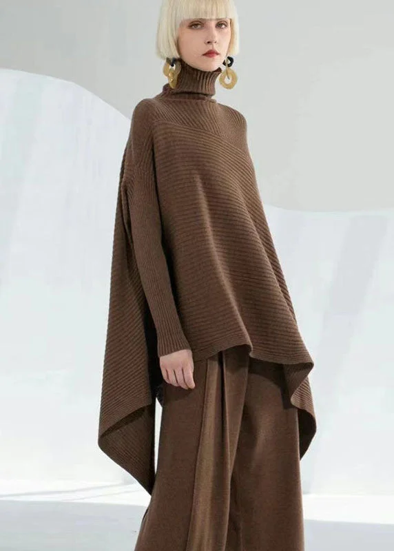 Street Fashion DIY Chocolate Turtle Neck Asymmetrical Wool Sweater Tops Long Sleeve