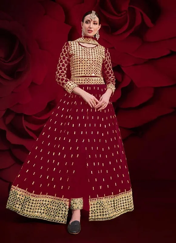 Casual Style Maroon Color Georgette Fabric Stone And Mirror Work Pakistani suit
