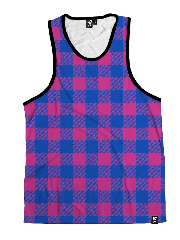High-waisted pants style Neon Pink & Blue Plaid Unisex Tank Top