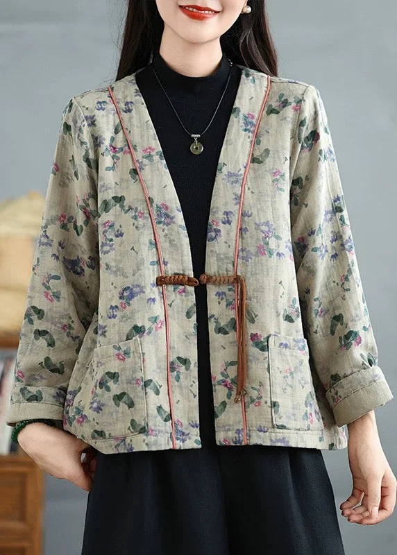 Romantic And Fresh Apricot Print Pockets Cotton Fall Coats V Neck