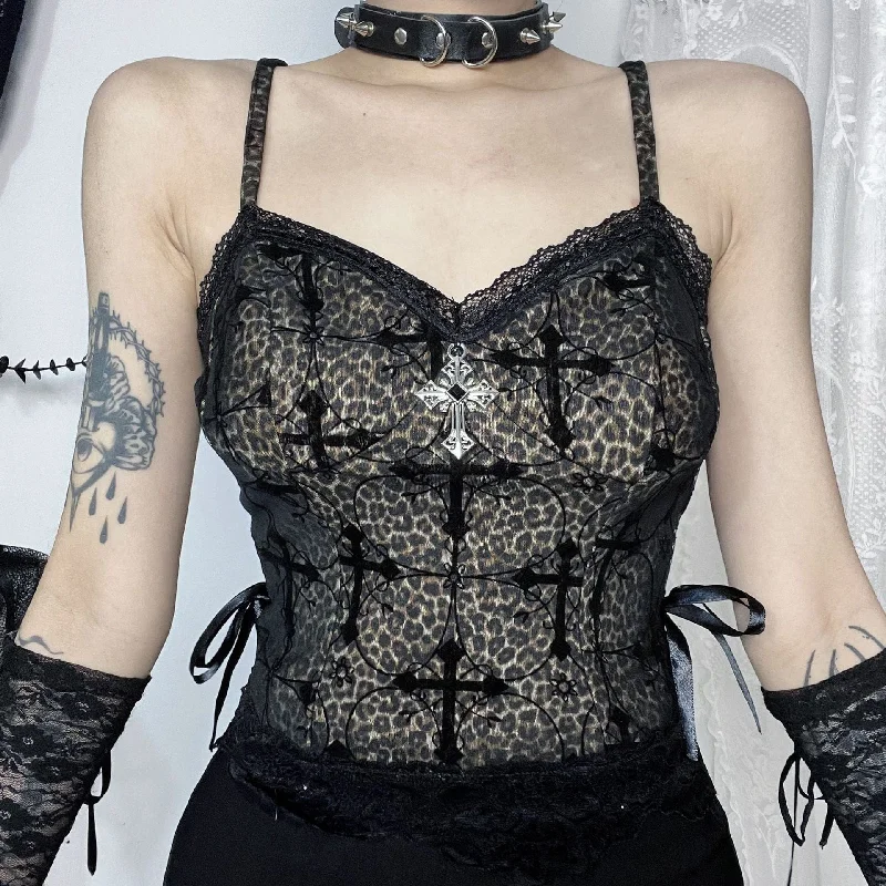 Mid-length Style Women's Gothic Cross Leopard Flocking Tank Top