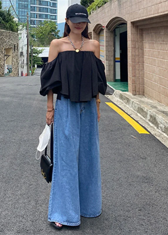 Noble And Elegant Organic Denim Blue Zip Up Pockets Wide Leg Pants Summer