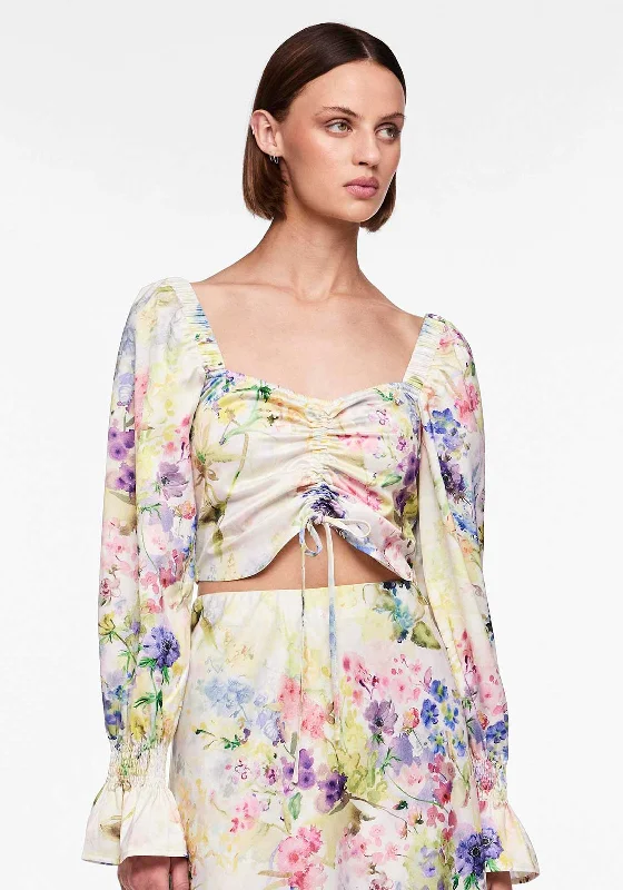 Minimalism Pieces Mari Tie Satin Floral Crop Top, Cloud Dancer