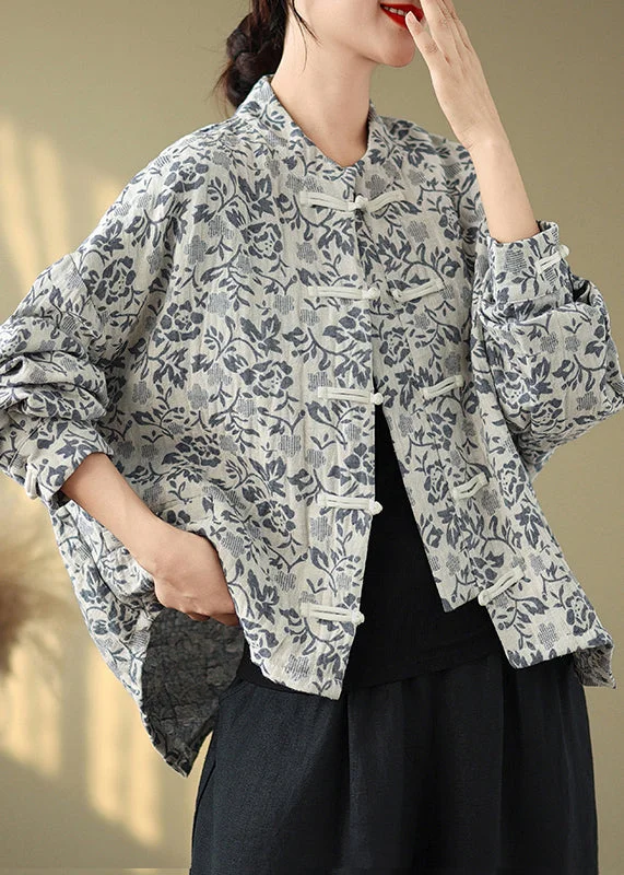 Youthful Loose Blue Stand Collar Print Button Cotton Coat Fall
