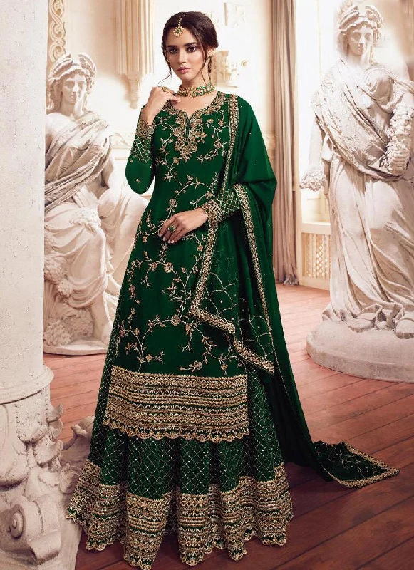 Single-shoulder Neck Design Admirable Green Zari Georgette Pakistani Palazzo Salwar Suit