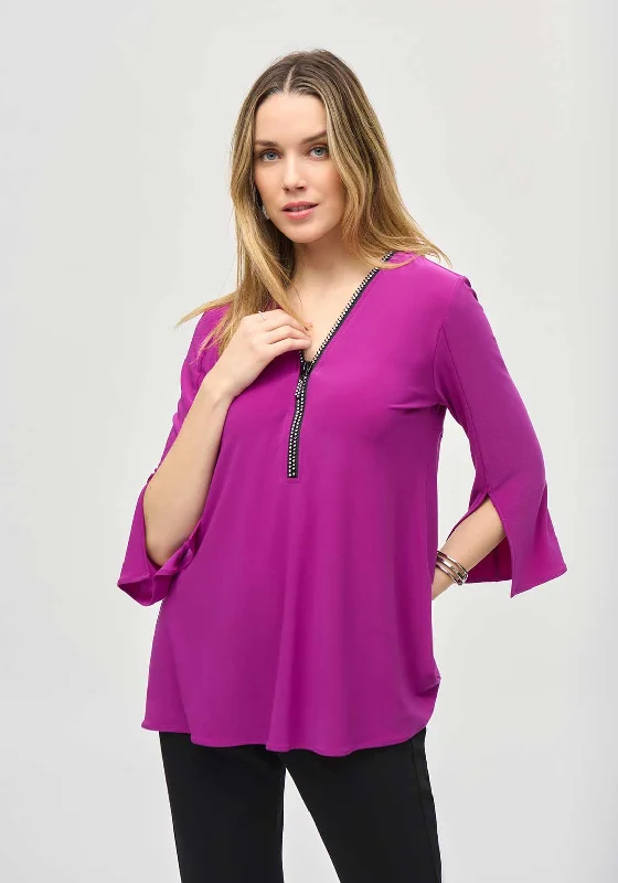 Urban Style Joseph Ribkoff Zip V Neck Slit Sleeve Top, Empress